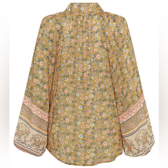 New Spell x Free People Mossy XL Brown Pink Buttonfront Tie-Neck Boho Blouse - Picture 10 of 15